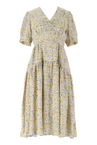 Watery Flower Pin-tuck Rayon Dress _Lemon